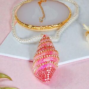 Chunky Pink Conch Shell Charm Beaded Pearl Necklace Earth Art Oceancore Seaside